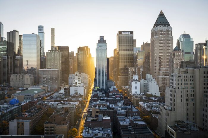 City skyline at sunset
